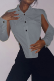 Grey Sexy Solid Hollowed Out Turndown Collar Tops
