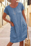 Khaki Casual Solid Patchwork Pocket O Neck Short Sleeve Dress Dresses