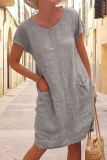 Khaki Casual Solid Patchwork Pocket O Neck Short Sleeve Dress Dresses