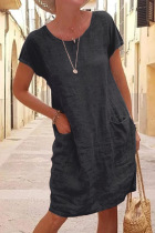 Black Casual Solid Patchwork Pocket O Neck Short Sleeve Dress Dresses