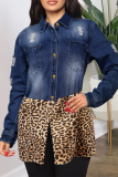 Deep Blue Casual Leopard Patchwork Turndown Collar Long Sleeve Regular Denim Jacket