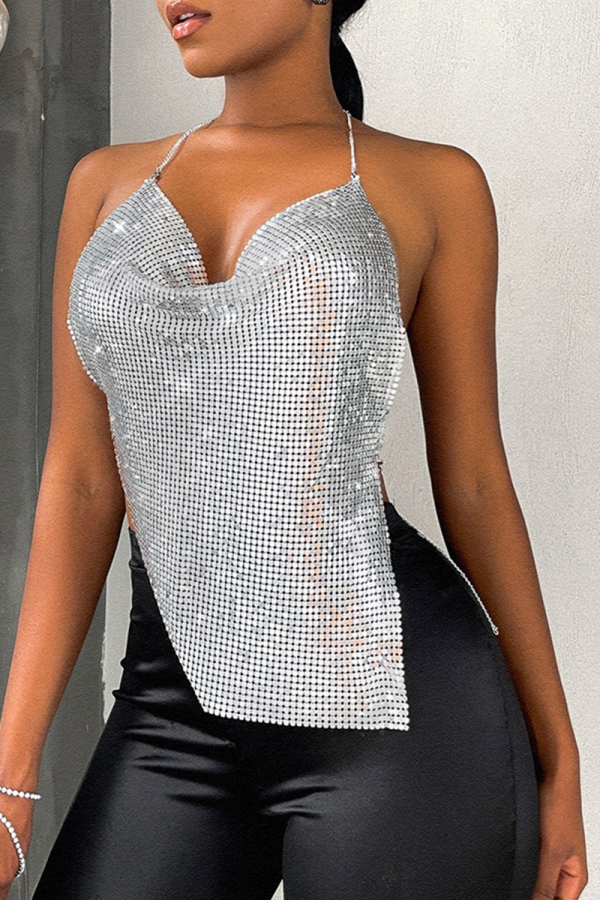 Silver Sexy Solid Patchwork Spaghetti Strap Tops