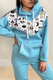 Baby Blue Casual Print Split Joint Hooded Collar Long Sleeve Two Pieces