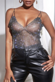 Black Fashion Sexy Patchwork See-through Backless Spaghetti Strap Tops
