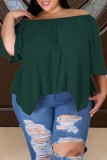 Army Green Casual Solid Patchwork Asymmetrical Off the Shoulder Plus Size Tops