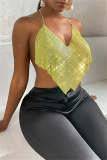 Yellow Fashion Sexy Patchwork Backless Asymmetrical Halter Tops