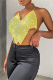 Yellow Fashion Sexy Patchwork Backless Asymmetrical Halter Tops