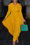 Yellow Fashion Casual Solid Patchwork Zipper V Neck Loose Jumpsuits