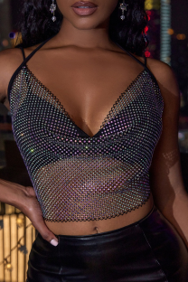 Black Sexy Solid See-through Halter Tops