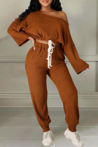 Coffee Sexy Solid Split Joint Draw String Off the Shoulder Long Sleeve Two Pieces