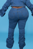 Blue Casual Solid Patchwork Fold Plus Size Jeans