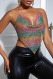 Multicolor Sexy Patchwork Backless Asymmetrical Halter Tops