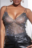 Black Fashion Sexy Patchwork See-through Backless Spaghetti Strap Tops
