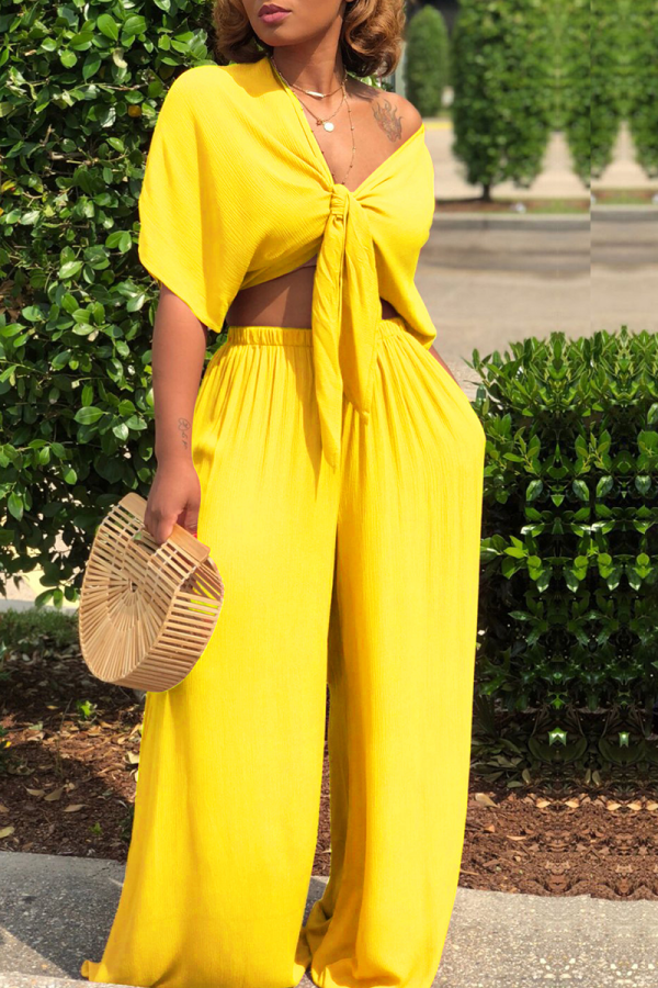 Yellow Casual Solid Split Joint V Neck Half Sleeve Two Pieces