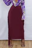 Burgundy Casual Solid Tassel Split Joint Dresses