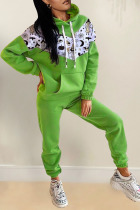Green Casual Print Split Joint Hooded Collar Long Sleeve Two Pieces