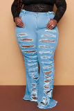 Dark Blue Casual Solid Ripped Plus Size Jeans