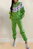 Green Casual Print Split Joint Hooded Collar Long Sleeve Two Pieces