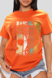 Orange Casual Print Patchwork O Neck T-Shirts
