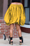 Yellow Casual Print Split Joint Off the Shoulder Lantern Skirt Dresses
