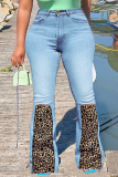 Light Blue Fashion Casual Print Leopard Split Joint Plus Size Jeans
