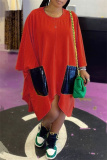 Red Fashion Casual Patchwork Pocket Asymmetrical O Neck Long Sleeve Dresses