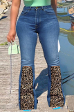 Deep Blue Fashion Casual Print Leopard Split Joint Plus Size Jeans
