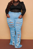 Baby Blue Casual Solid Ripped Plus Size Jeans