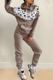 Grey Casual Print Split Joint Hooded Collar Long Sleeve Two Pieces