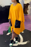 Yellow Fashion Casual Patchwork Pocket Asymmetrical O Neck Long Sleeve Dresses