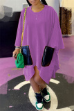 Purple Fashion Casual Patchwork Pocket Asymmetrical O Neck Long Sleeve Dresses
