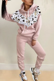 Rose Red Casual Print Split Joint Hooded Collar Long Sleeve Two Pieces