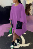 Purple Fashion Casual Patchwork Pocket Asymmetrical O Neck Long Sleeve Dresses