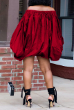Red Casual Print Split Joint Off the Shoulder Lantern Skirt Dresses
