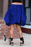 Blue Casual Print Split Joint Off the Shoulder Lantern Skirt Dresses