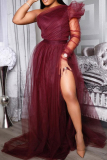 Burgundy Fashion Sexy Solid Backless Slit Oblique Collar Long Sleeve Plus Size Dresses
