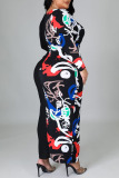 Black Casual Print Patchwork U Neck One Step Skirt Plus Size Dresses