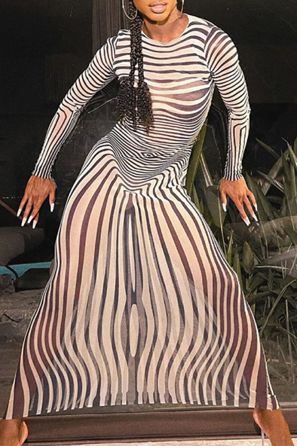 Black White Sexy Striped Print Split Joint See-through O Neck One Step Skirt Dresses