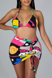Pink Sexy Print Split Joint Halter Long Sleeve Two Pieces