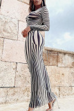 Black White Sexy Striped Print Split Joint See-through O Neck One Step Skirt Dresses