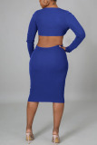 Colorful Blue Sexy Solid Hollowed Out Patchwork V Neck Pencil Skirt Dresses