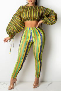 Yellow Sexy Striped Split Joint Half A Turtleneck Long Sleeve Two Pieces