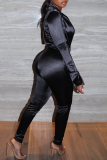 Black Sexy Patchwork Turndown Collar Long Sleeve Two Pieces