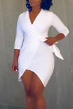 White Casual Solid Bandage Patchwork Asymmetrical V Neck Irregular Dress Dresses