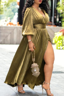 Gold Sexy V-Neck Three-Point Sleeve High Waist Dress