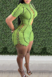 Green Sexy Solid Hollowed Out Half A Turtleneck Skinny Rompers