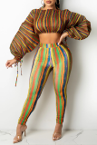 Yellow Sexy Striped Patchwork Half A Turtleneck Long Sleeve Two Pieces