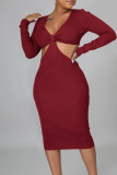 Burgundy Sexy Solid Hollowed Out Patchwork V Neck Pencil Skirt Dresses