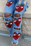 Red Fashion Casual Print Ripped Mid Waist Denim Jeans