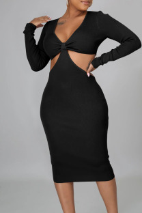Black Sexy Solid Hollowed Out Split Joint V Neck Pencil Skirt Dresses